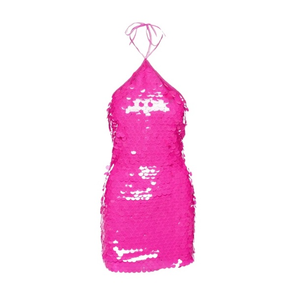 PINK SEQUINS HALTER DRESS - THE NEW ARRIVALS BY ILKYAZ OZEL - Picture 1 of 2